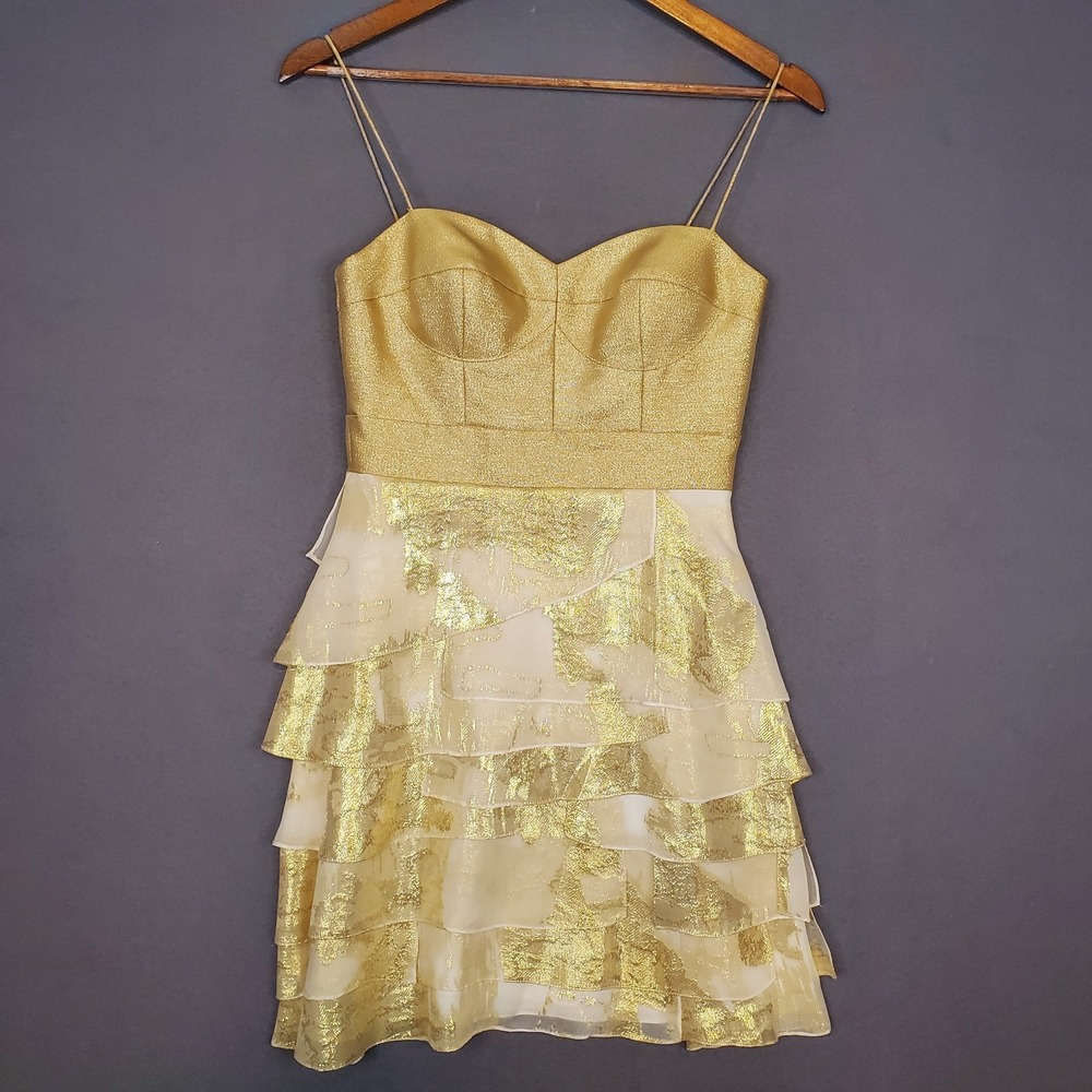Aidan Mattox Ivory Gold Leaf Ruffle Tiered Shirt Party Cocktail Mini Dress Sz 0